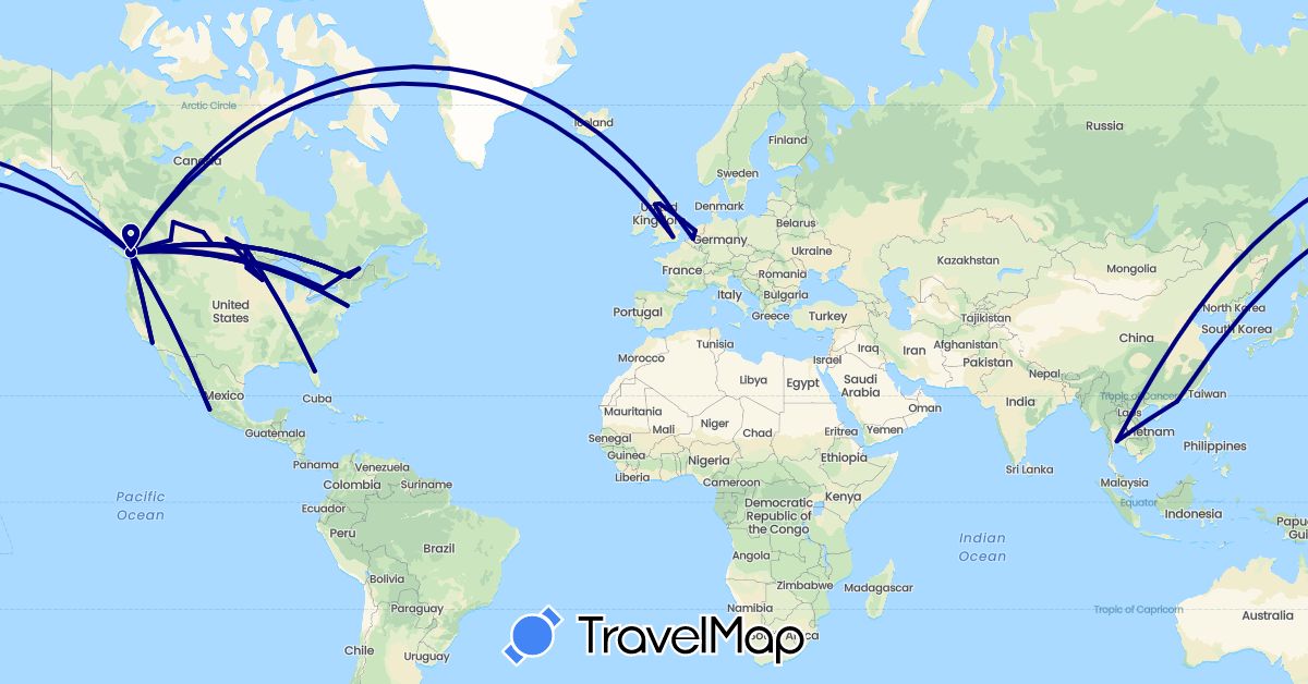 TravelMap itinerary: driving in Belgium, Canada, China, United Kingdom, Mexico, Netherlands, Thailand, United States (Asia, Europe, North America)